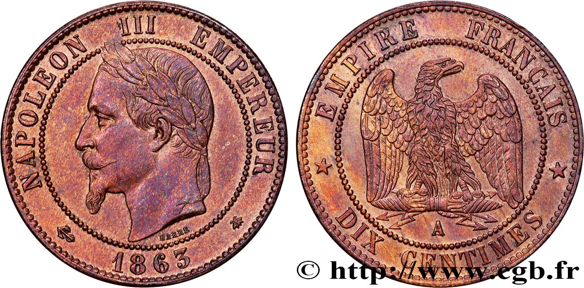 Dix centimes Napoléon III, tête laurée 1863 Paris F.134/10 MS 