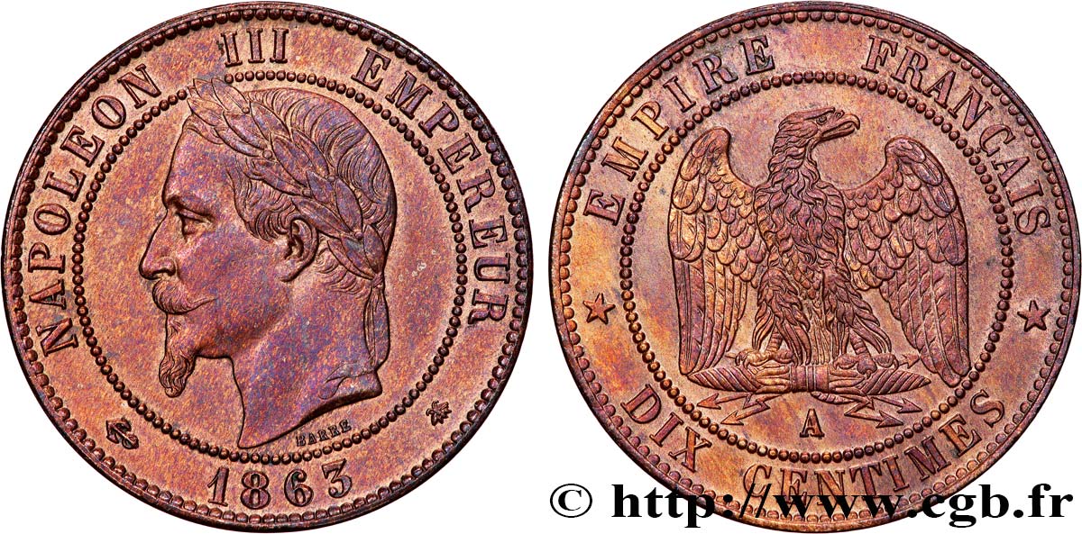 Dix centimes Napoléon III, tête laurée 1863 Paris F.134/10 SPL+ 