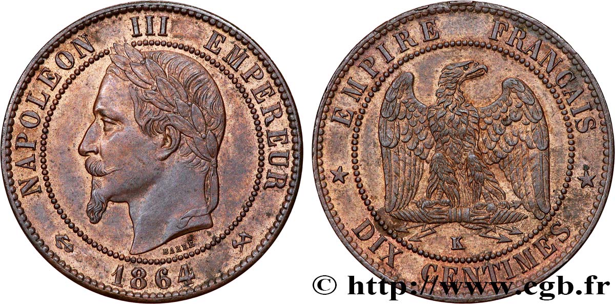 Dix centimes Napoléon III, tête laurée 1864 Bordeaux F.134/15 VZ 