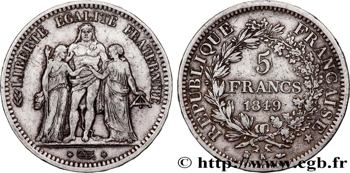 5 francs Hercule, IIe République 1849 Bordeaux F.326/7 XF40 