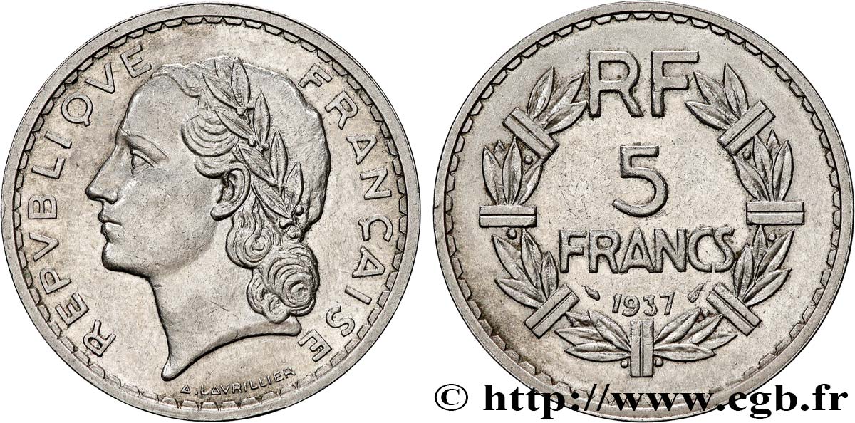5 francs Lavrillier, nickel 1937  F.336/6 TTB+ 