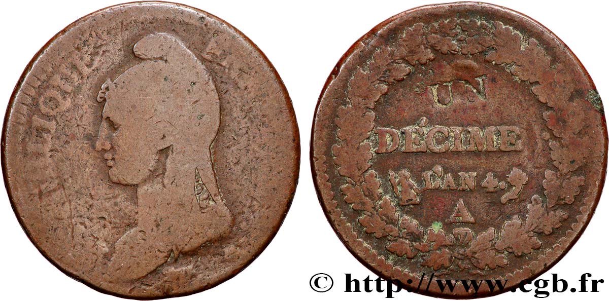 Un décime Dupré, modification du 2 décimes 1796 Paris F.127/1 VG 