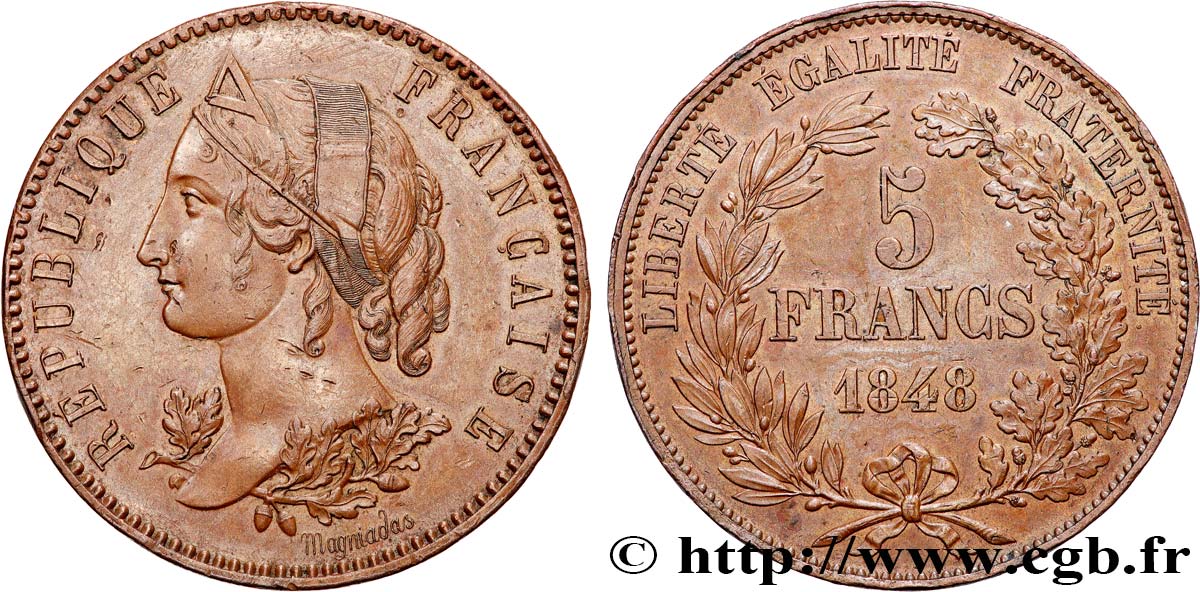 Concours de 5 francs, essai en cuivre par Magniadas 1848 Paris VG.3082 var SUP58 