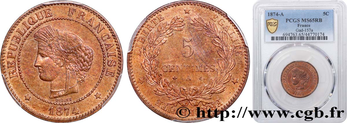 5 centimes Cérès 1874 Paris F.118/9 FDC65 PCGS