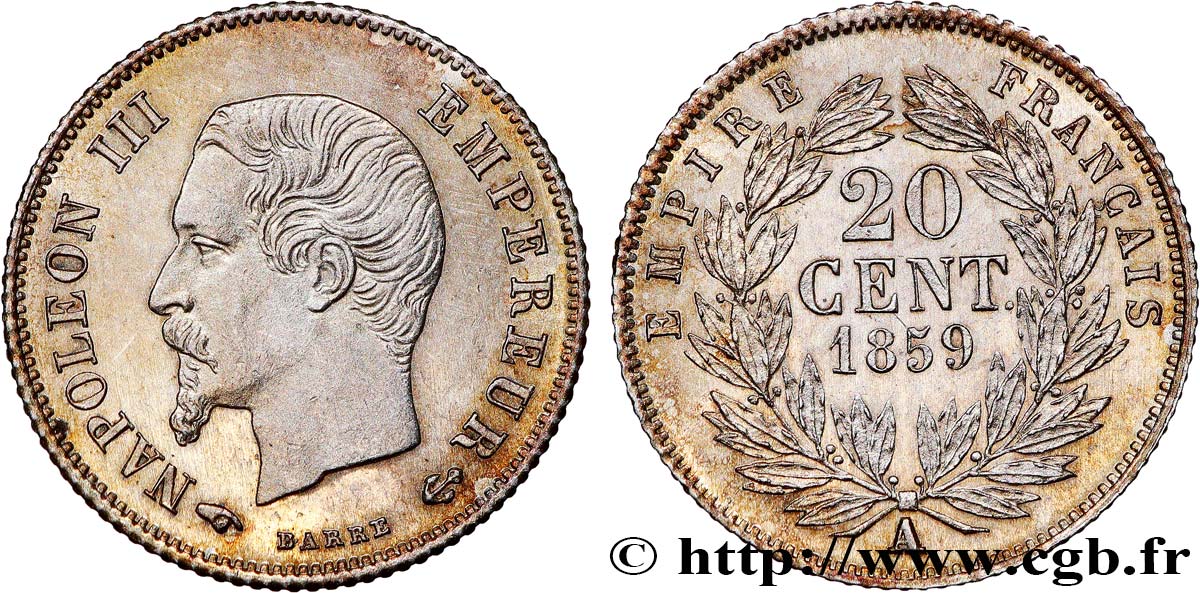 20 centimes Napoléon III, tête nue 1859 Paris F.148/12 EBC+ 