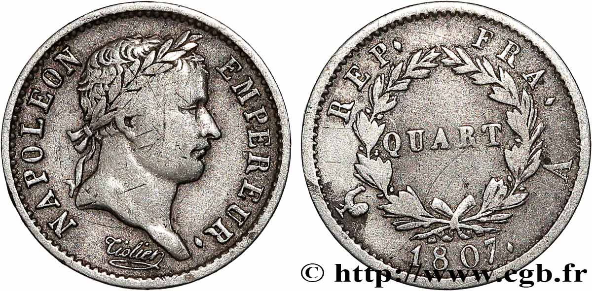 Quart (de franc) Napoléon Ier tête laurée, République française 1807 Paris F.161/1 VF 