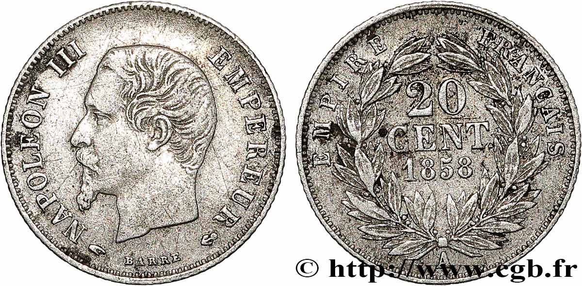 20 centimes Napoléon III, tête nue 1858 Paris F.148/10 TB+ 