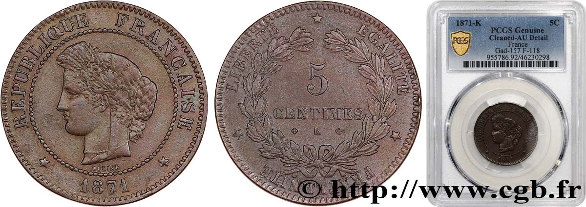 5 centimes Cérès 1871 Bordeaux F.118/3 TTB+ PCGS