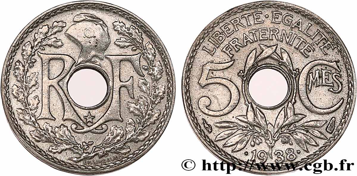 5 centimes Lindauer, maillechort, avec étoile 1938  F.123/1 SS 