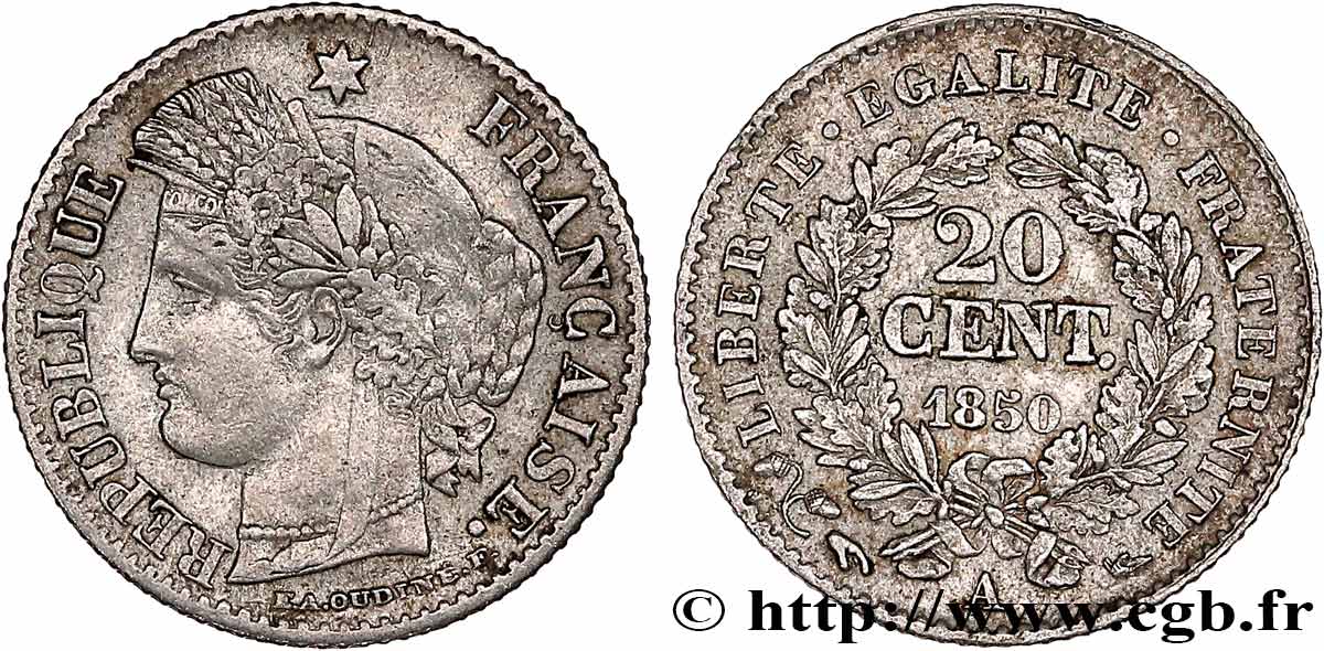 20 centimes Cérès, IIe République 1850 Paris F.146/2 XF45 