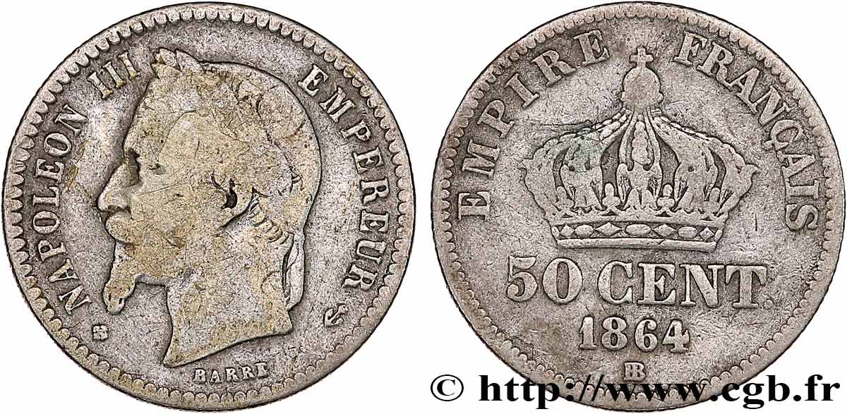 50 centimes Napoléon III, tête laurée 1864 Strasbourg F.188/3 B+ 
