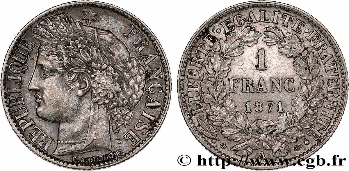 1 franc Cérès, IIIe République, grand A 1871 Paris F.216/1 q.SPL 