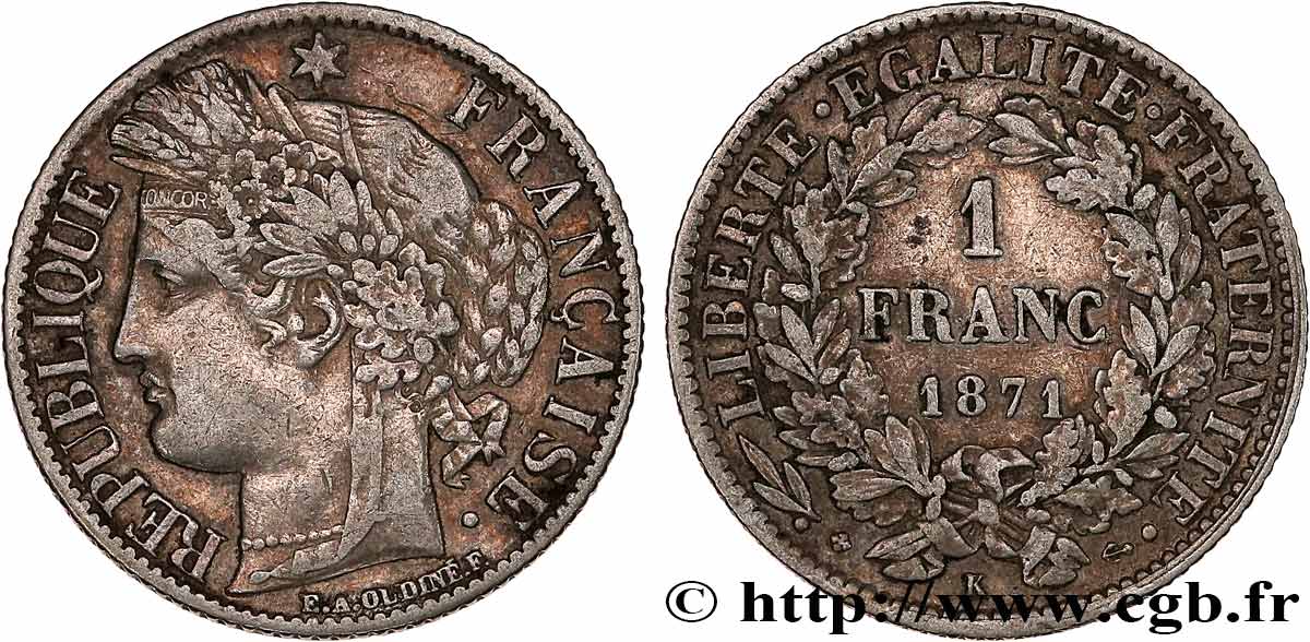 1 franc Cérès, Troisième République 1871 Bordeaux F.216/3 TTB40 