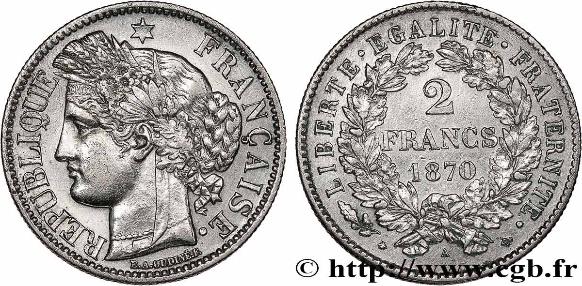 2 francs Cérès, avec légende, petit A 1870  Paris F.265/2 EBC 