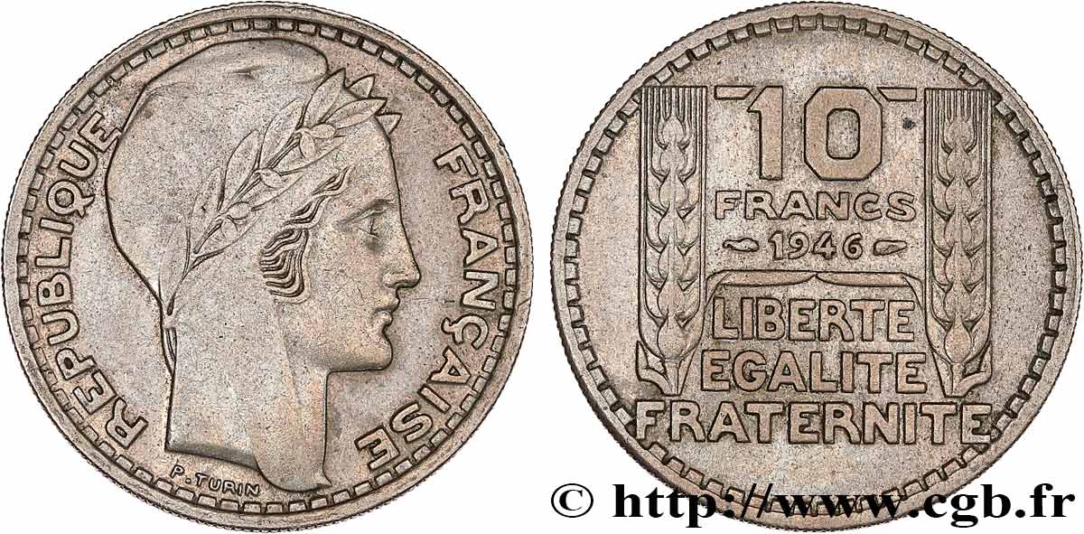 10 francs Turin, grosse tête, rameaux longs 1946 Paris F.361/3 AU50 
