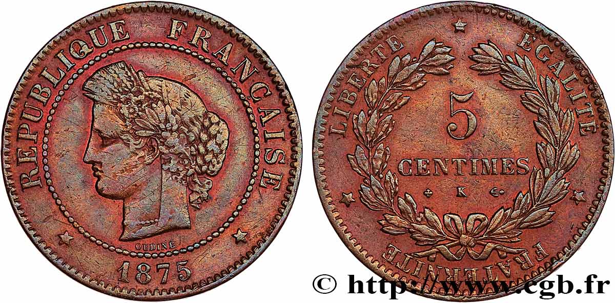 5 centimes Cérès 1875 Bordeaux F.118/12 VF 