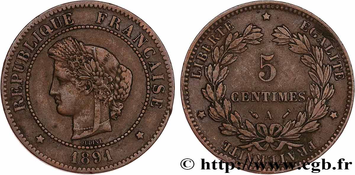 5 centimes Cérès 1891 Paris F.118/33 VF30 