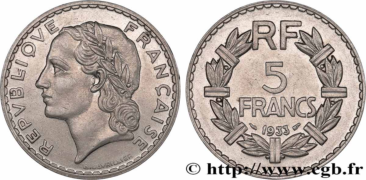 5 francs Lavrillier, nickel 1933  F.336/2 TTB+ 