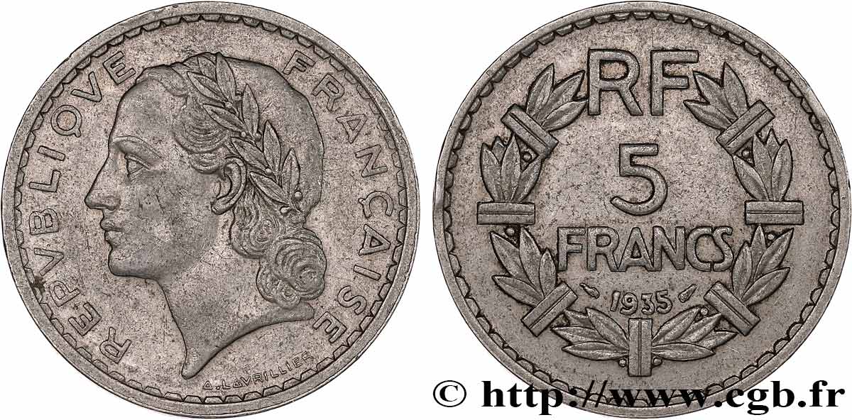 5 francs Lavrillier, nickel 1935  F.336/4 TTB45 