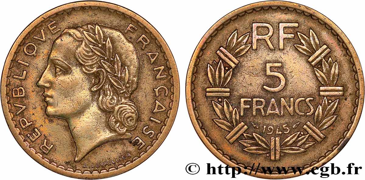 5 francs Lavrillier, bronze-aluminium 1945  F.337/5 TTB 