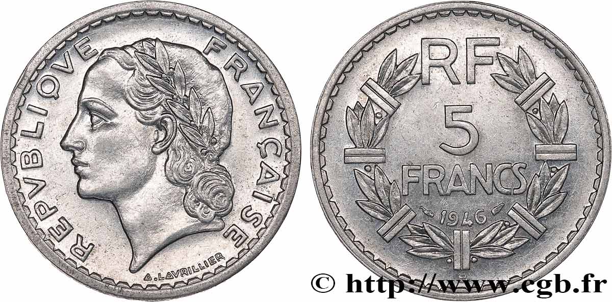 5 francs Lavrillier, aluminium 1946 Beaumont-Le-Roger F.339/7 TTB+ 