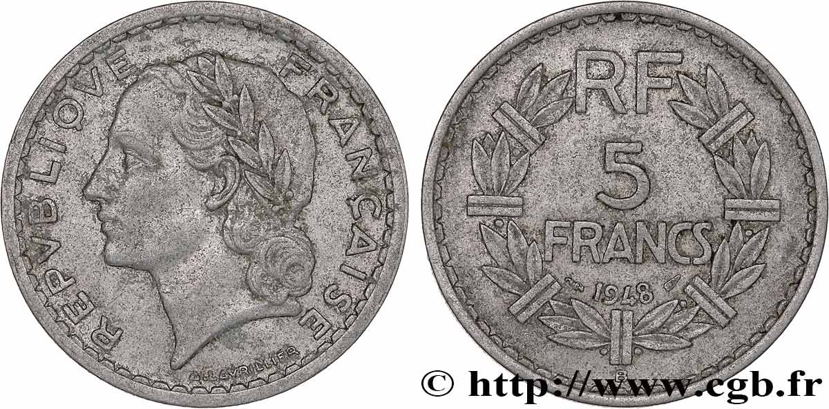 5 francs Lavrillier, aluminium 1948 Beaumont-Le-Roger F.339/15 TB+ 