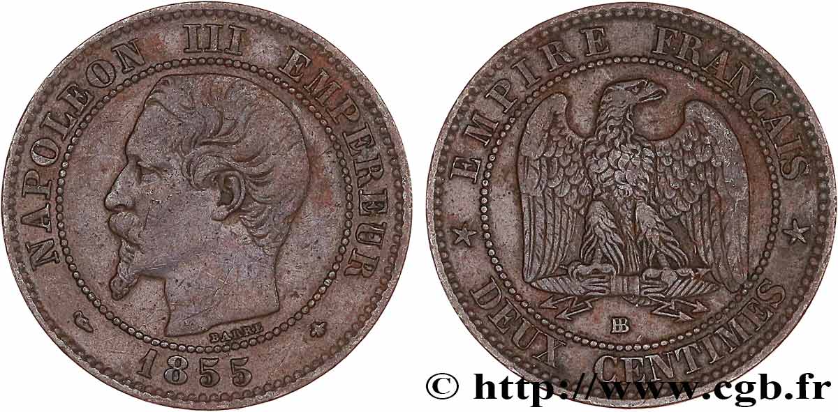Deux centimes Napoléon III, tête nue, différent levrette 1855 Strasbourg F.107/23 TB35 