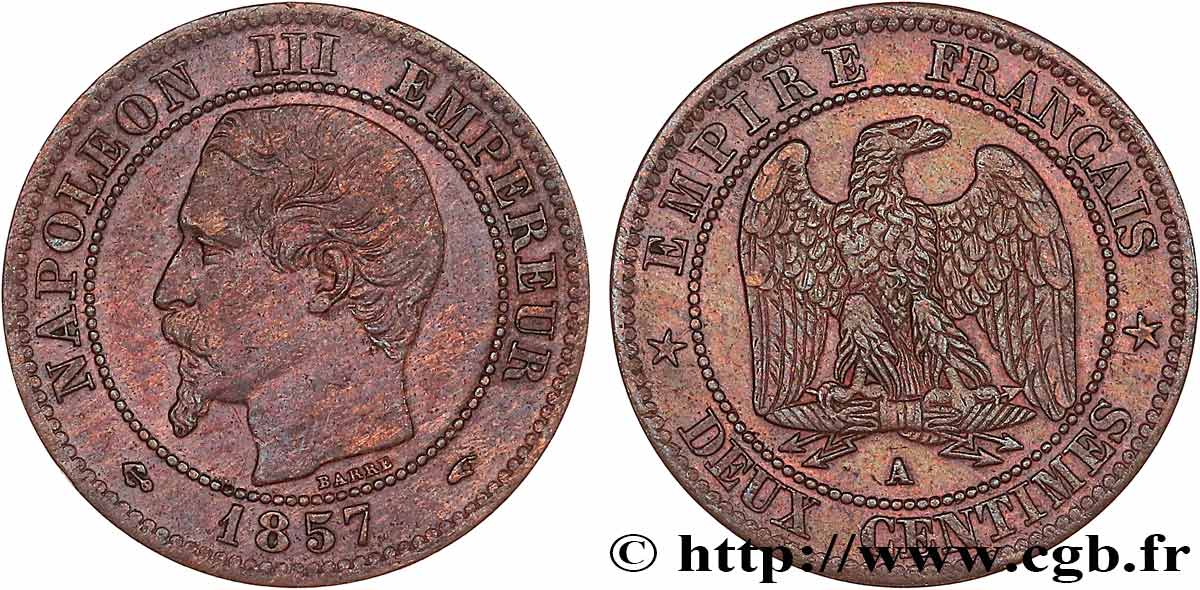 Deux centimes Napoléon III, tête nue 1857 Paris F.107/44 AU50 