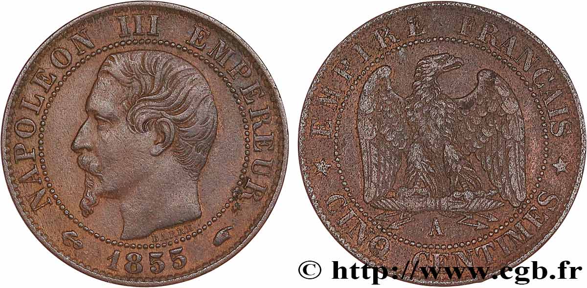 Cinq centimes Napoléon III, tête nue 1855 Paris F.116/17 XF 