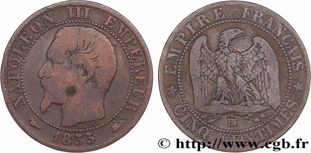 Cinq centimes Napoléon III, tête nue 1855 Strasbourg F.116/20 SGE12 