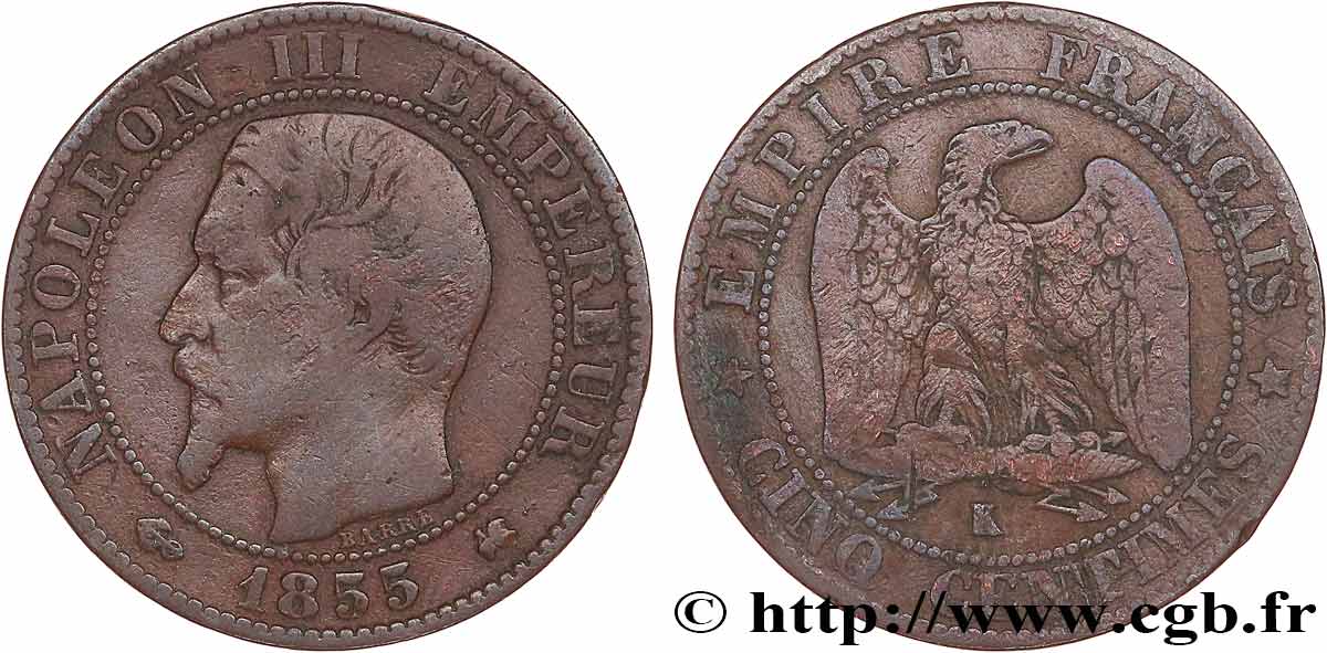 Cinq centimes Napoléon III, tête nue 1855 Bordeaux F.116/25 BC15 