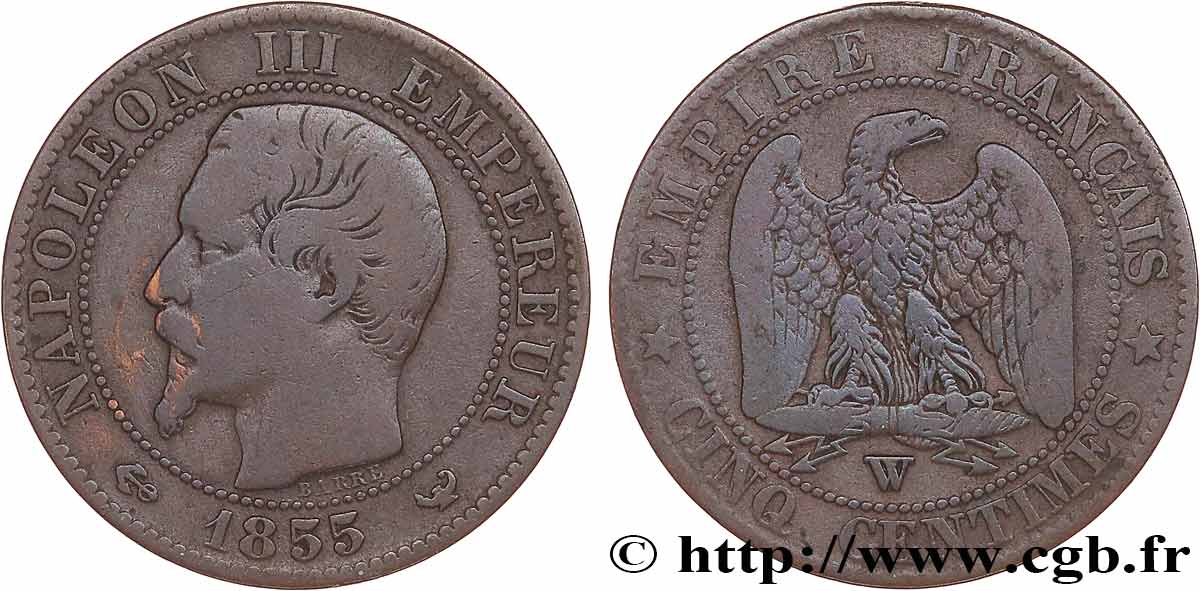 Cinq centimes Napoléon III, tête nue 1855 Lille F.116/29 F15 
