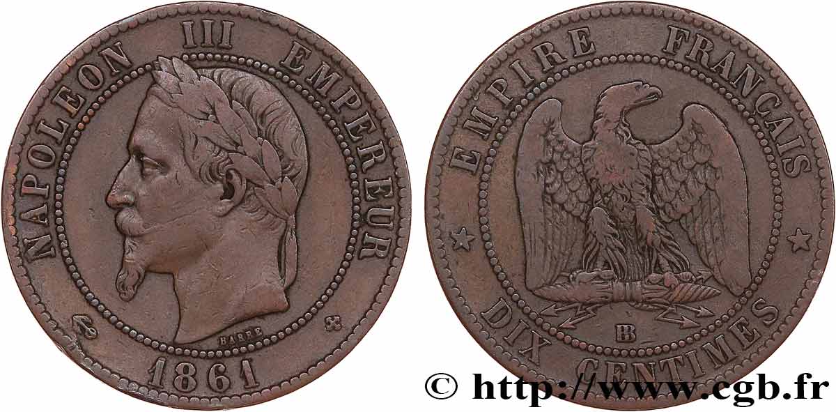 Dix centimes Napoléon III, tête laurée 1861 Strasbourg F.134/5 TB 