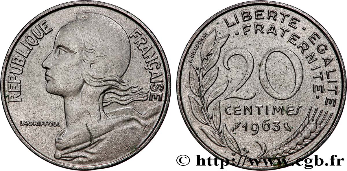 20 centimes Marianne, Nickelé 1963 Paris F.156/3 var. MBC 