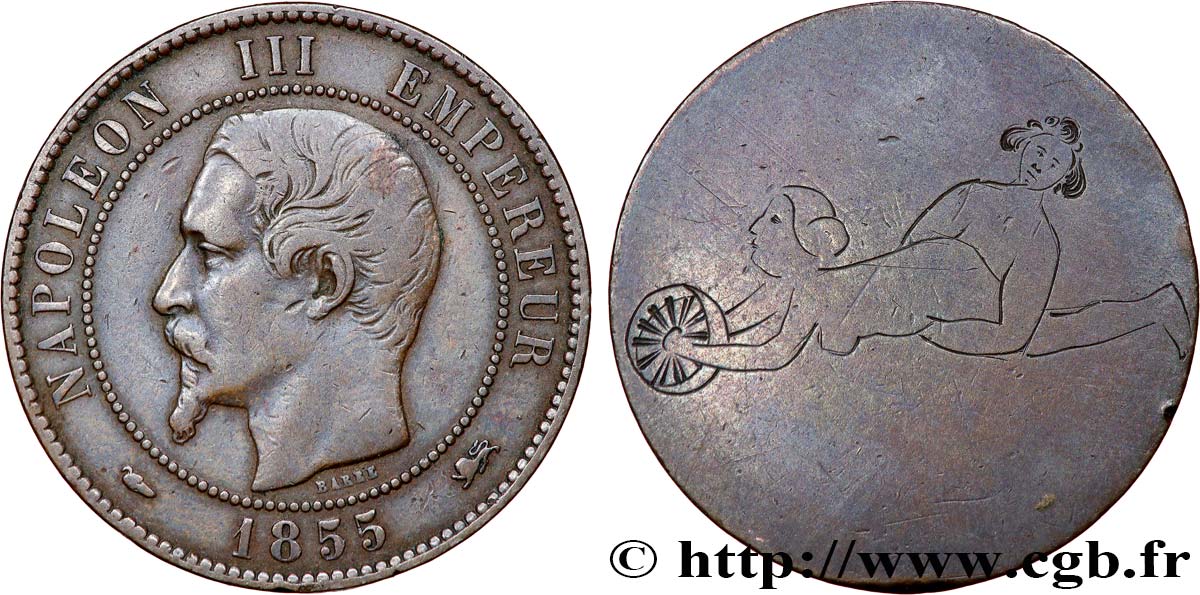 Dix centimes Napoléon III, tête nue, regravée au revers 1855 Lyon F.133/25 var. fSS 