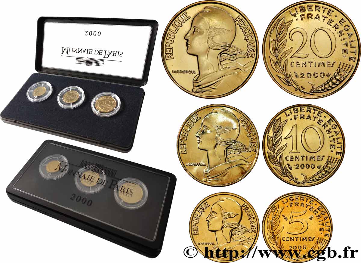 Coffret 5, 10 et 20 Centimes Marianne, Édition spéciale Monnaie de Paris 2000 Pessac F.125/44 FDC 