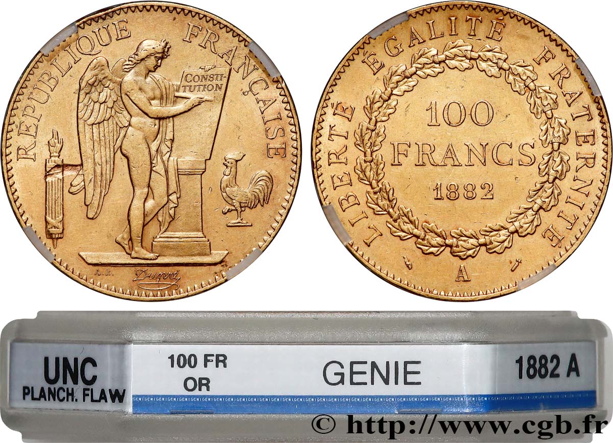 100 francs or Génie, tranche inscrite en relief Dieu protège la France 1882 Paris F.552/5 SUP+ GENI