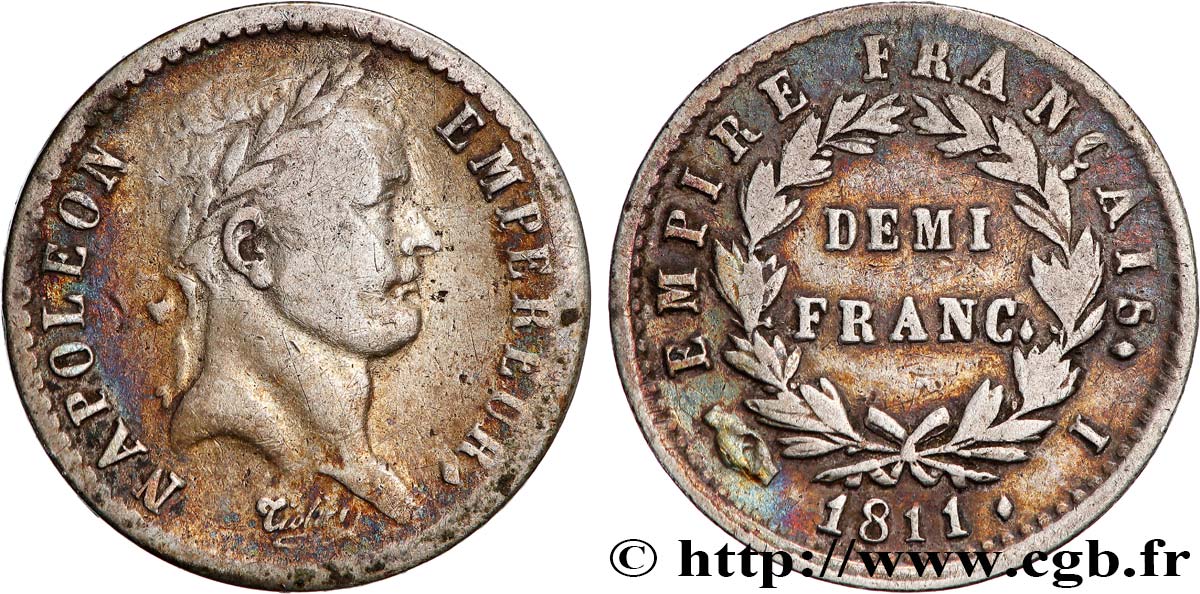 Demi-franc Napoléon Ier tête laurée, Empire français 1811 Limoges F.178/26 VF 