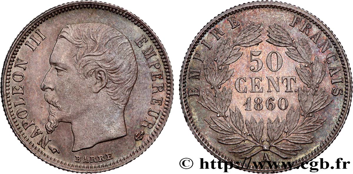 50 centimes Napoléon III, tête nue 1860 Paris F.187/13 MS63 