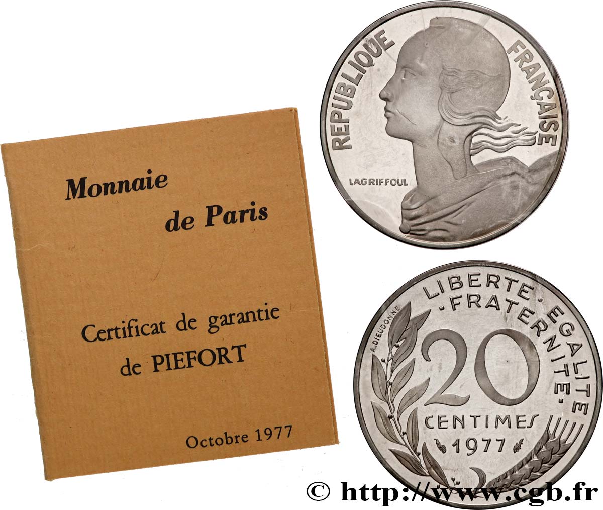 Piéfort argent de 20 centimes Marianne 1977 Pessac GEM.56 P2 FDC 