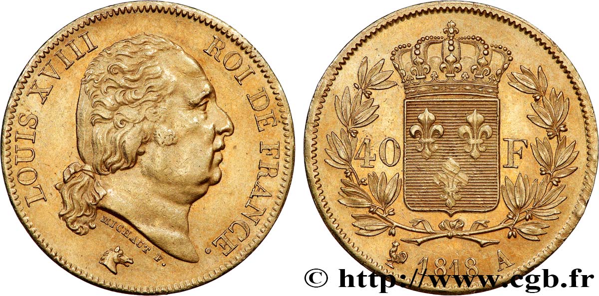 40 francs or Louis XVIII 1818 Paris F.542/7 AU53 