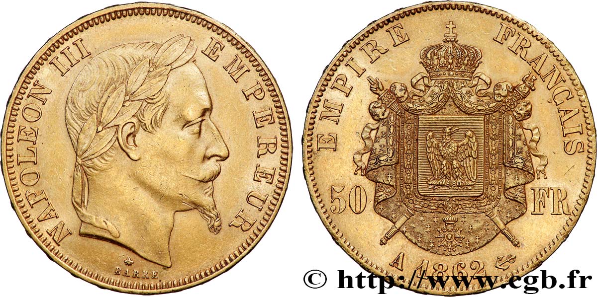 50 francs or Napoléon III, tête laurée 1862 Paris F.548/1 AU/AU 