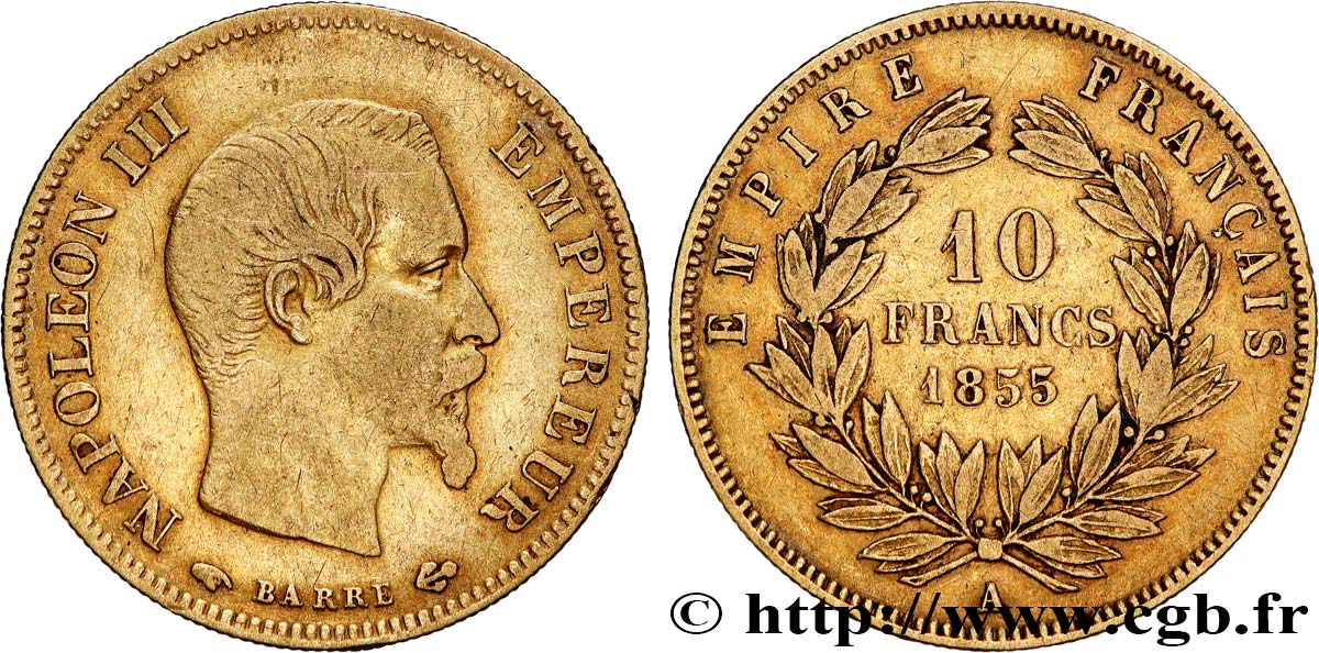 10 francs or Napoléon III, tête nue, grand module 1855 Paris F.506/1 TB25 