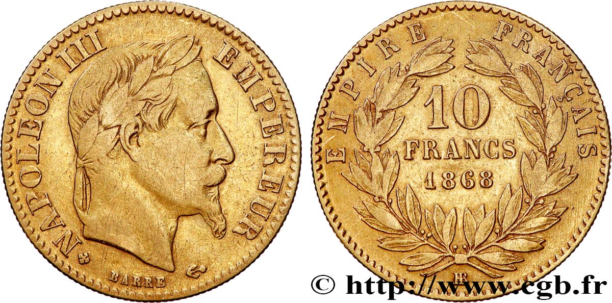 10 francs or Napoléon III, tête laurée 1868 Strasbourg F.507A/18 TB 