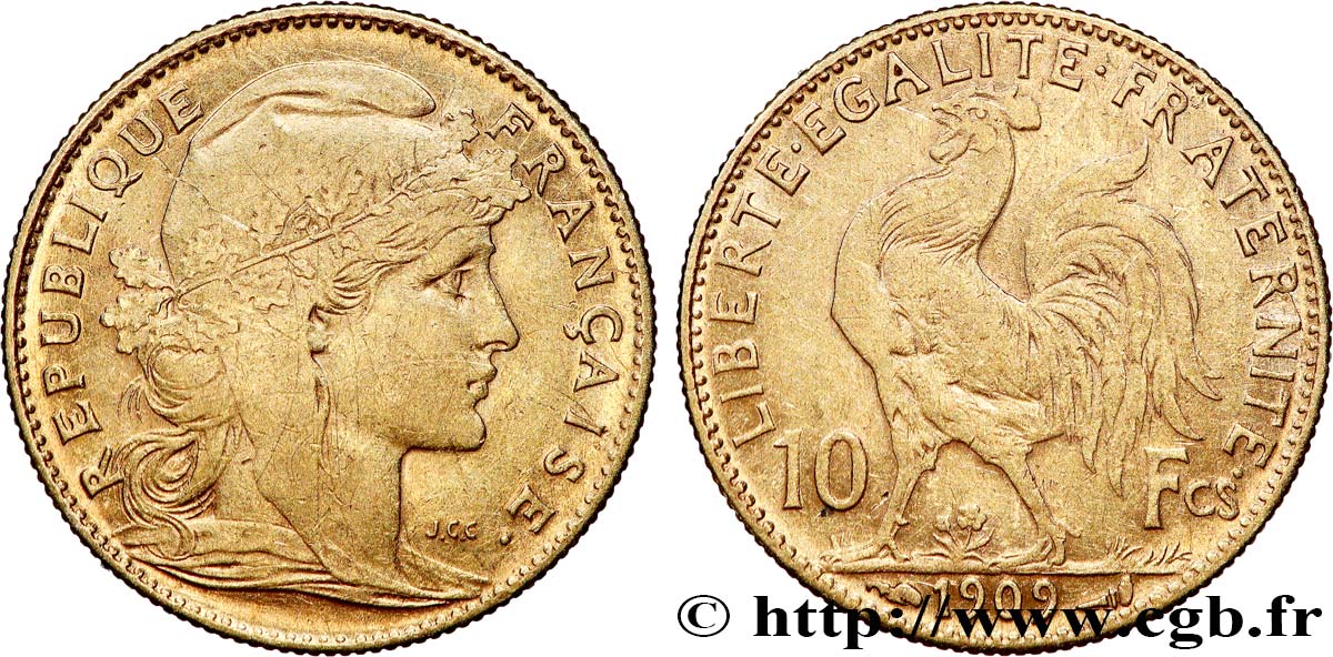 10 francs or Coq 1909 Paris F.509/10 MBC 