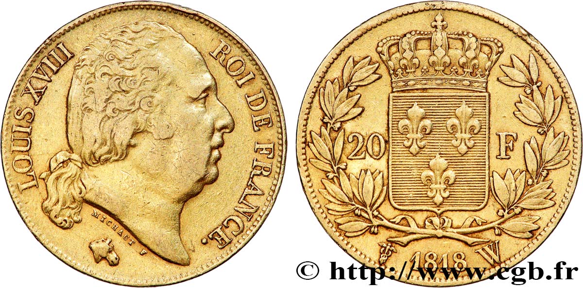 20 francs or Louis XVIII, tête nue 1818 Lille F.519/14 SS 