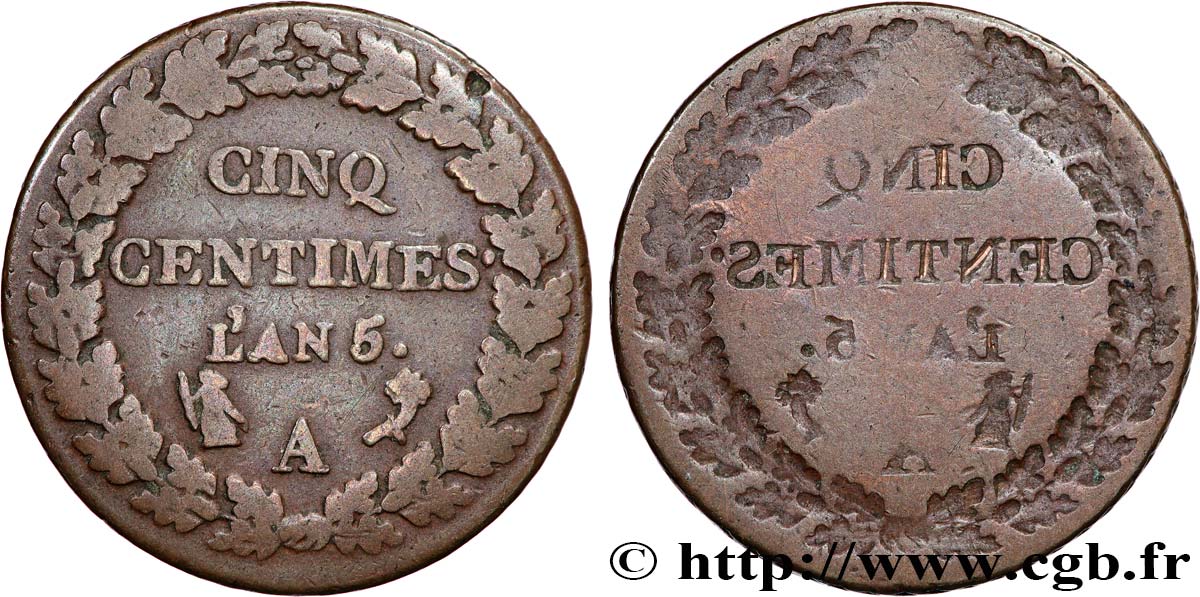 Cinq centimes Dupré, grand module, incuse du revers, CIN/NIQ 1797 Paris F.115/4 var. TB 