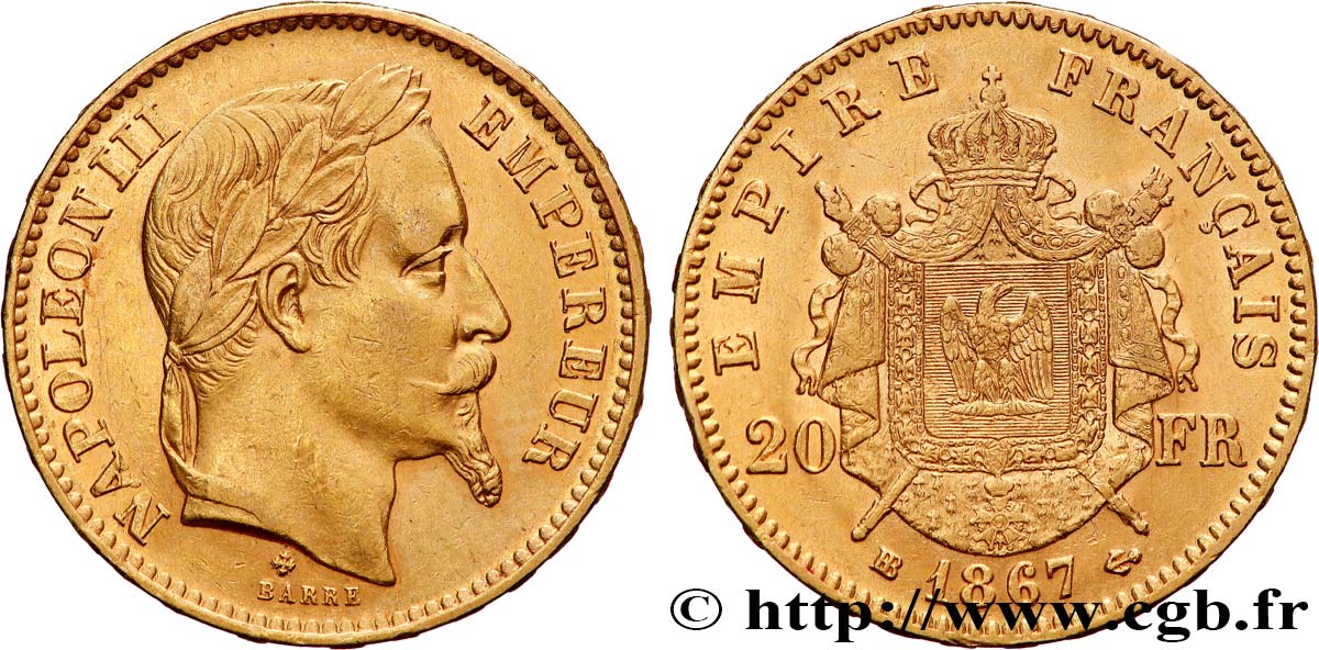 20 francs or Napoléon III, tête laurée, petit BB 1867 Strasbourg F.532/16 TTB50 