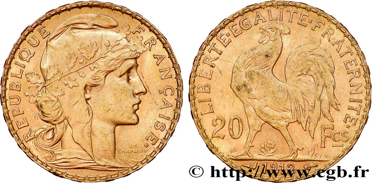 20 francs or Coq, Liberté Égalité Fraternité 1912 Paris F.535/6 TTB+ 