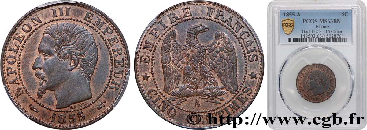 Cinq centimes Napoléon III, tête nue 1855 Paris F.116/16 MS63 PCGS